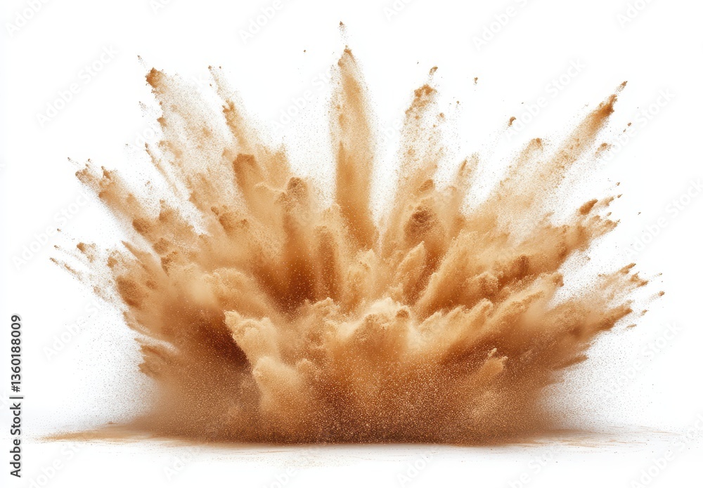 Poster powerful eruption of brown dust and particles creating dynamic explosion effect on white background 
