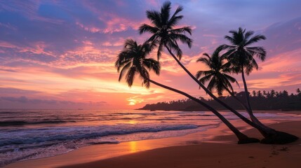 A beautiful sunset over the ocean with palm trees in the background
