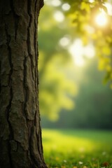 Obraz premium Sunlit Tree Trunk and Soft Focus Meadow Landscape Featuring a Detailed Bark Texture