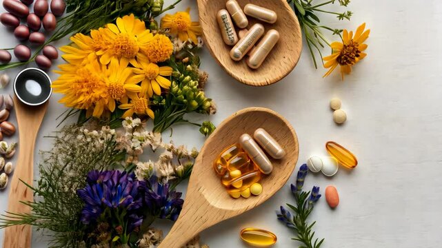 A collection of diverse dietary supplements is artistically presented in wooden spoons, accompanied by beautifully arranged flowers, all set against a softly lit background