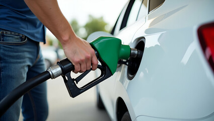 Flat Vector Illustration of a Man Refueling a White Car at a Petrol Station: A Cute and Simple Representation of Transportation and Ownership in the Fuel Industry