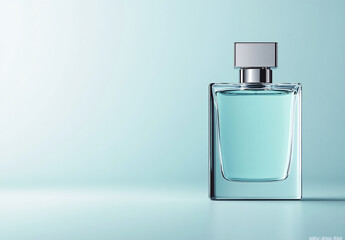 a glass perfume bottle with a silver cap stands on the right side of an isolated light blue background, a mockup template for product presentation design.
