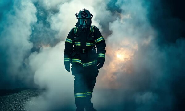 Heroic firefighter navigates smoke-filled surroundings during intense training exercise in urban area