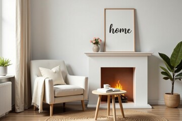 Obraz premium Cozy Living Room Interior with Fireplace and Comfortable Armchair Featuring a Home Decor Sign