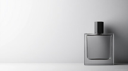 a glass perfume bottle with a square shape and an elegant cap is positioned on the right side of the frame against a white background.