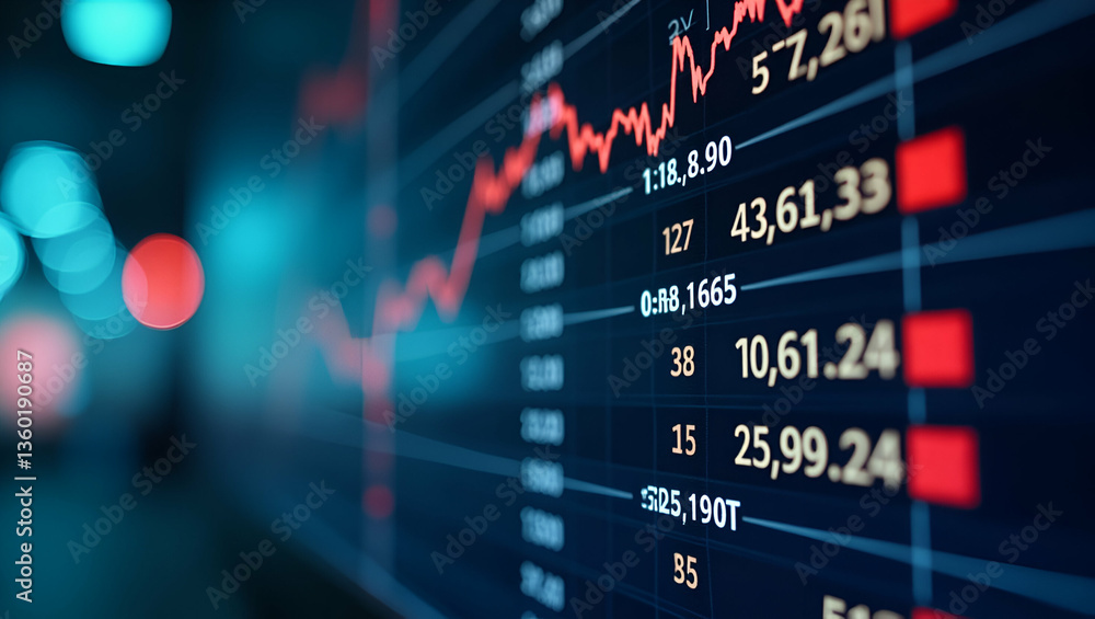 Poster flat stock market data table on large screen: digital display with blurred background & lights