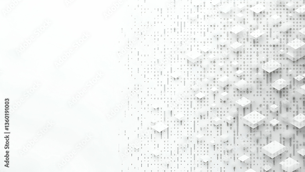 Poster futuristic digital matrix tile design: rhythmic grids & abstract code elements in white balance