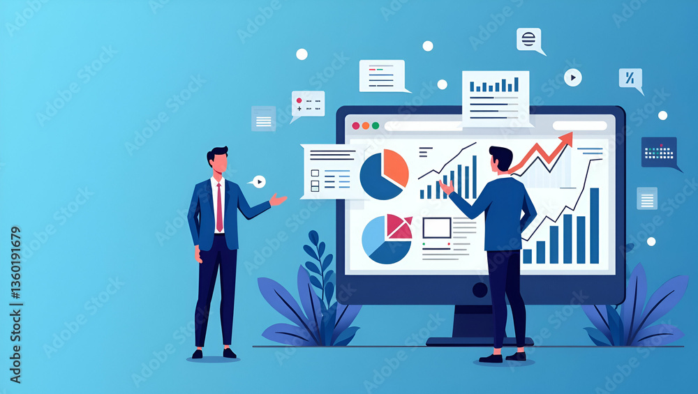 Poster business people analytics and monitoring on web report dashboard monitor concept and vector illustra