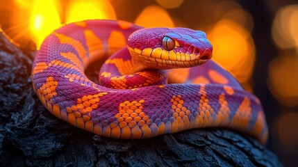 Obraz premium Vibrant snake coiled on a dark tree branch, bathed in warm, golden light