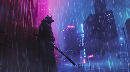 Fototapeta premium A silhouette man in a black robe stands on a rooftop looking out over a city at night