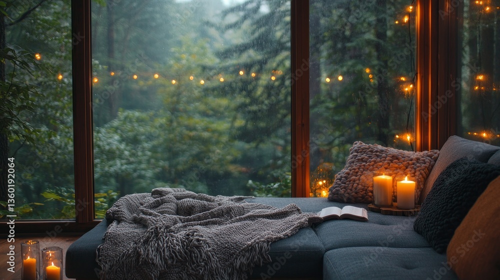 Aufkleber A serene spot nestled by large windows showcases a comfy couch adorned with a soft blanket. Gentle lights twinkle outside as candle flames flicker, creating a peaceful atmosphere in a lush forest