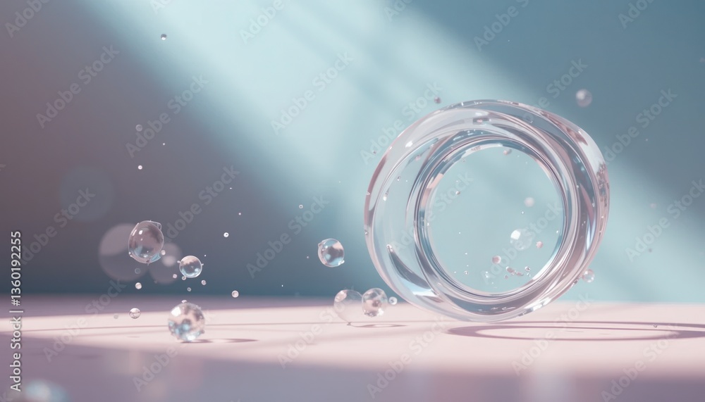 Poster dynamic water droplets dancing around a crystal clear sphere in soft light studio setting high-speed