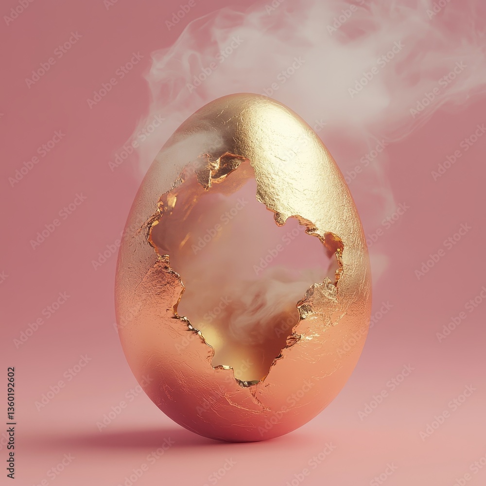 Aufkleber shimmering broken eggshell with vapor emerging on soft pink background, symbolizing potential and ne