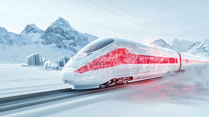 A high-speed train races across a snowy landscape showcasing advanced technology and design. It suggests futuristic transportation and efficiency in challenging environments.