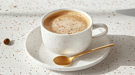 Obraz premium Creamy coffee in speckled cup and saucer, gold spoon. Simple, elegant presentation, ideal for cafe or coffee shop branding