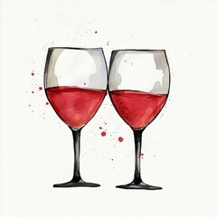 Watercolor Painting of Two Red Wine Glasses on White Background