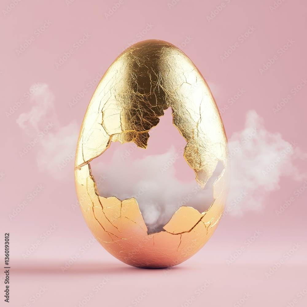 Aufkleber shiny golden egg with cracks and smoke on soft pink background symbolizing new beginnings and transf