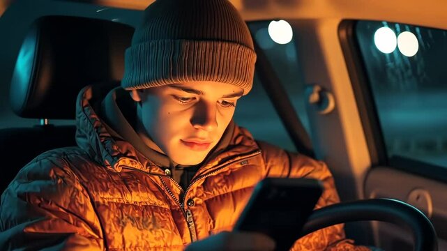 Young adult distracted by smartphone while driving at night in urban setting