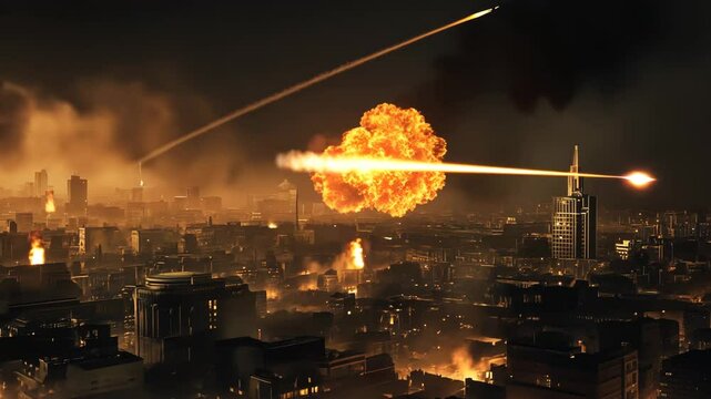 Missiles strike urban landscape as city faces devastation and chaos at dusk