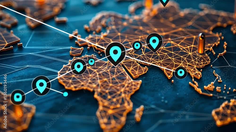 Poster global digital network with geolocation markers on a vibrant world map creating an innovative and co
