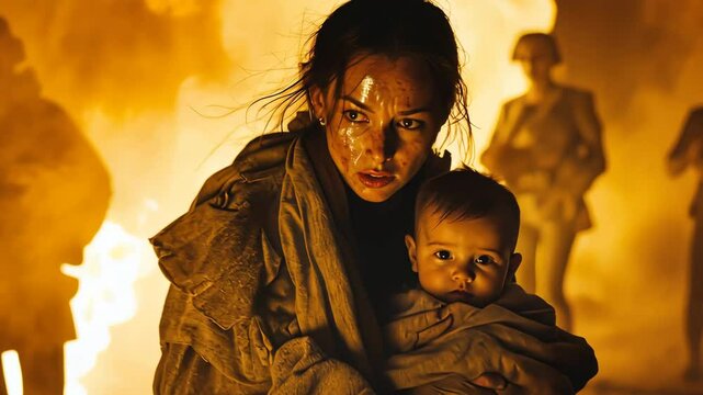 Desperate mother carries baby through chaotic war zone filled with fire and danger amidst looming soldiers
