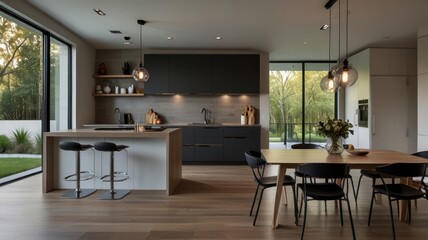 Modern kitchen design with wooden floors, cabinets, bar stools, dining table, and large windows overlooking nature