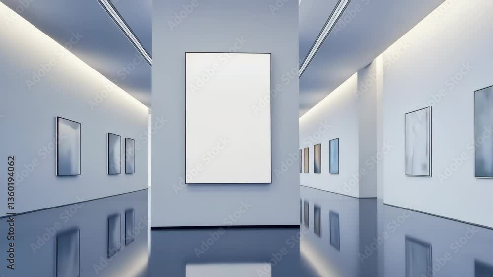 Poster exploring a modern art gallery with expansive walls and a striking vertical poster on display