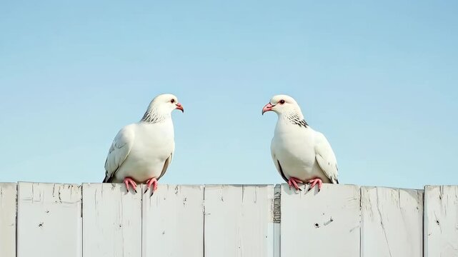 White doves sit peacefully on a rustic wooden fence under a clear blue sky