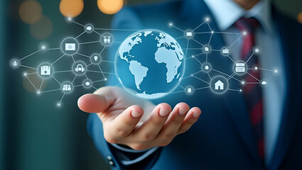 Flat Multilingual Language Translation Communication Concept. A person with icons various languages global language translate multilingual technology and international connections. AI Translator conce