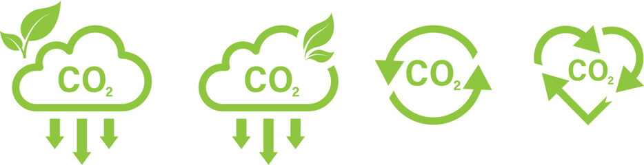 Collection of vector icon of cloud CO2 reduction and CO2 rotation cycle in green color. Vector illustration