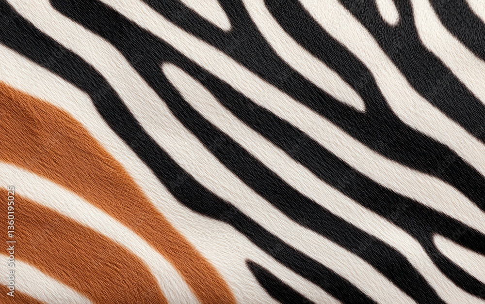 Poster close-up view of a textured fabric with a zebra-like pattern in black, white, and brown. the materia