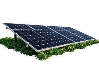 Solar panels installed on green ground for renewable energy production on a transparent background, cut out