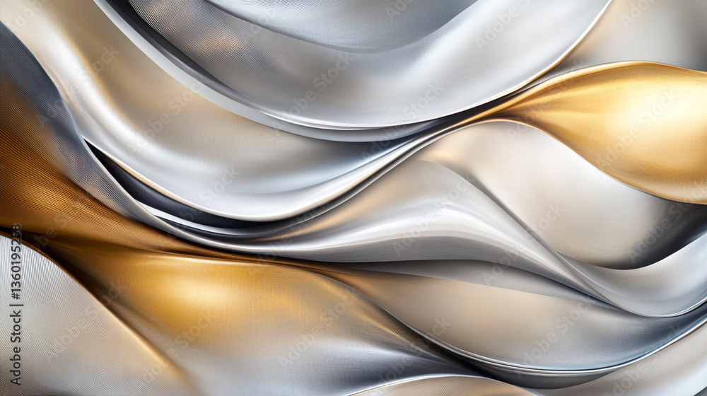 Poster abstract image of flowing silver and gold metallic textures creating elegant waves, showcasing a lux