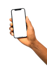 A hand holding a smartphone with a blank white screen, perfect for mockups, app design presentations, or digital advertising. A minimalist concept representing technology, communication, and connectiv