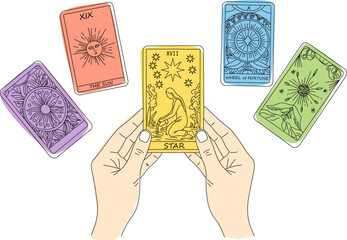 タロットカード占いのシンプルなカラーイラスト,星のカードを手に持っている