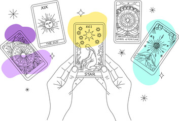 タロットカード占いのお洒落なイラスト,星のカードを手に持っている