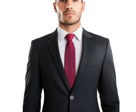 Professional man in business suit with red tie standing confidently on a transparent background, cut out