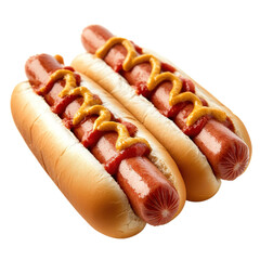 Two delicious hot dogs with mustard and ketchup on a white background