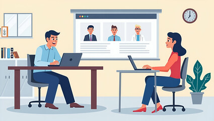 Flat Vector Illustration of Online Education: E-Learning at Home with Webinar Training, Video Tutorials, and Business Coaching for Professionals - A Cute and Smart Design Concept