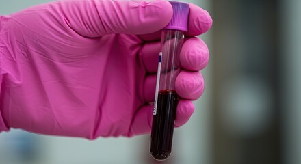 Naklejka premium Pink gloved hand holding a test tube filled with a dark red liquid, equipment, healthcare, dental, tool, medical, clinic, instrument
