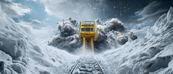 Surreal image featuring a golden structure amidst a snowy landscape. Explosions and celestial elements add mystery. Use it as a stunning desktop wallpaper or concept art.