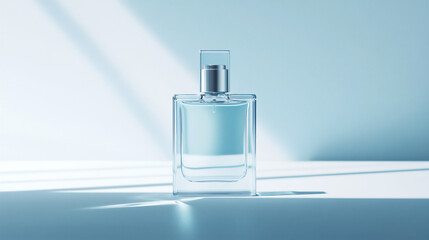 a glass perfume bottle with no label stands on the ground, with a white background and soft lighting. the composition is symmetrical from the front view,