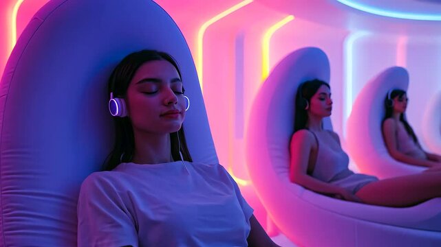 Students explore sensory-deprivation learning experience in modern environment with colorful lighting