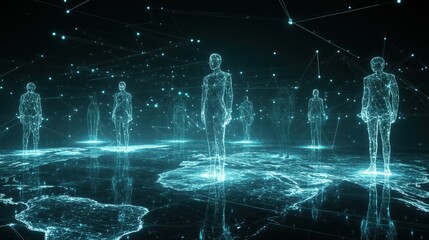 A group of people are standing in a room with a blue background