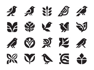 Black Bird & Plant Icons Minimalist Pictograms, Flora & Fauna, Symbol Set, Flat Design