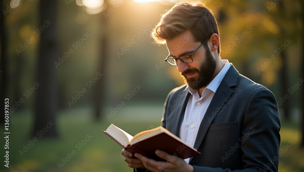 Poster man immersed in literature: a serene photo stock concept showcasing intellectual engagement and pers