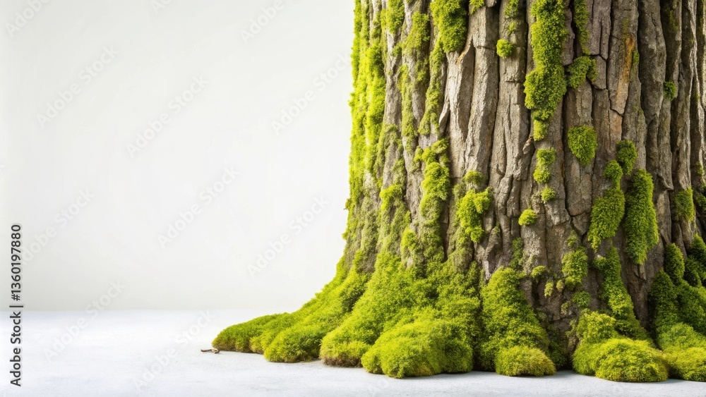 Aufkleber lush green moss covering the base and trunk of a tree against a plain white background