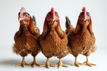Naklejka premium Three curious chickens standing in a row with white background