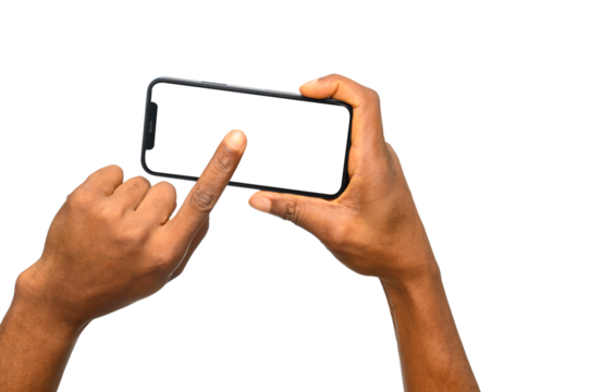 A person interacts with a smartphone held horizontally, touching the blank screen. This gesture represents technology use, communication, mobile apps, and digital interaction in a modern world.