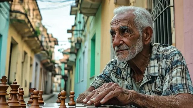 Old man enjoys chess games in a lively sunlit alleyway of Havana capturing the spirit of local culture and tradition